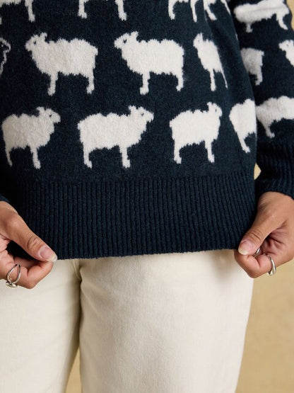 Joules Sheep Sweater: Navy Intarsia Knitted Jumper with Sheep Design, Wool Blend Recycled Polyester.