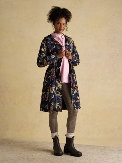 Joules Holkham Navy Bird Floral Waterproof Packable Raincoat With Hood