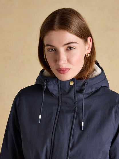 Joules women's navy waterproof fleece-lined raincoat with adjustable hood