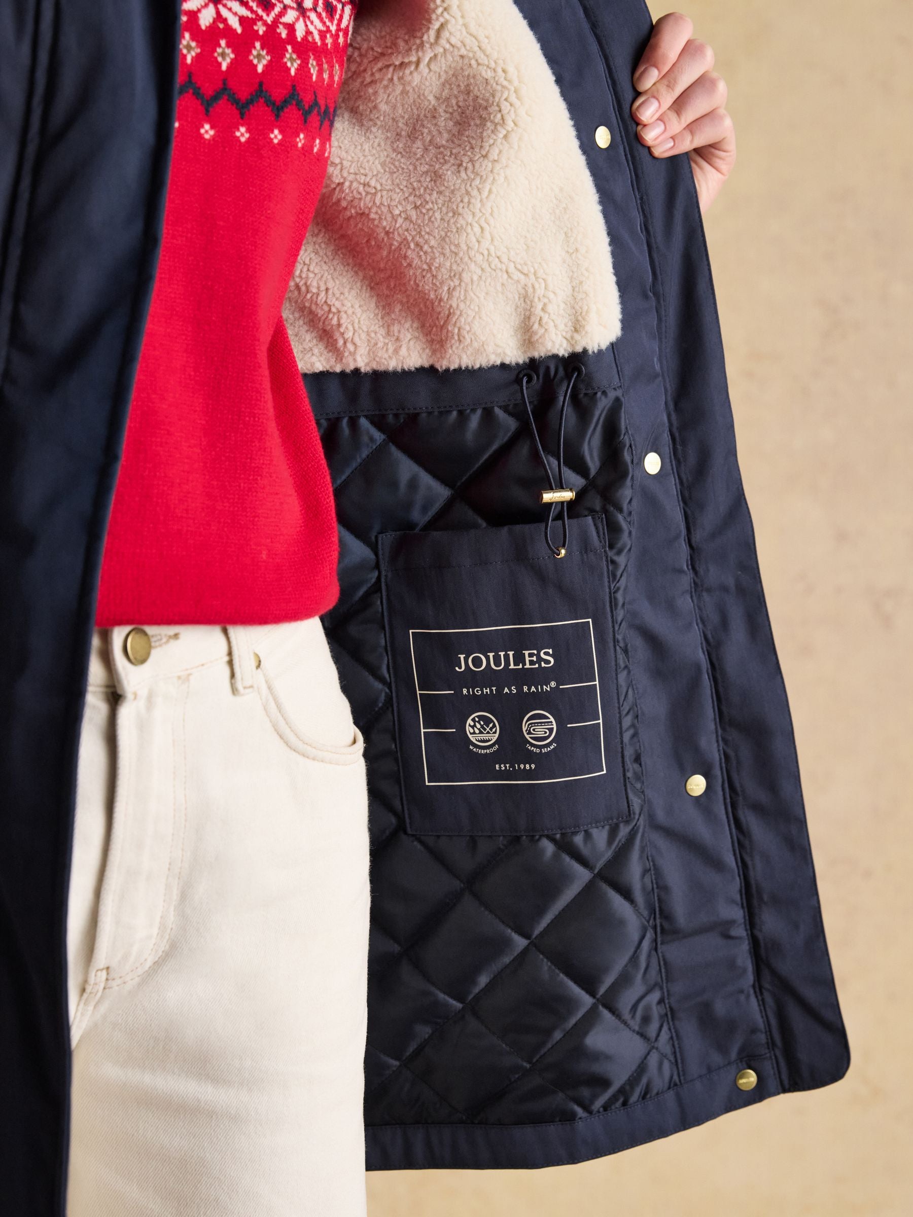 Joules navy waterproof fleece-lined raincoat for women - Right as Rain collection interior detail