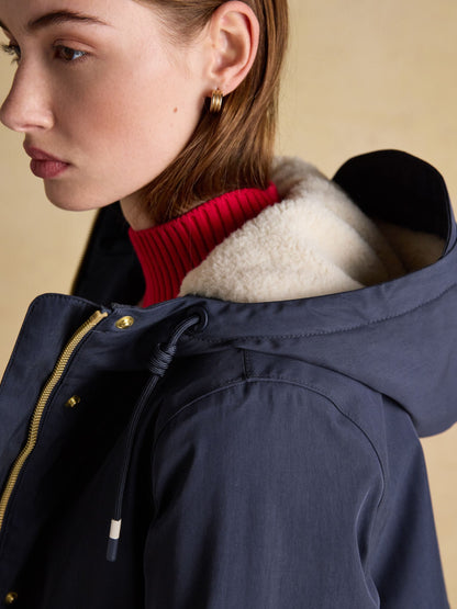 Joules Navy Fleece Lined Waterproof Hooded Raincoat for Women | Joules Portwell Cosy