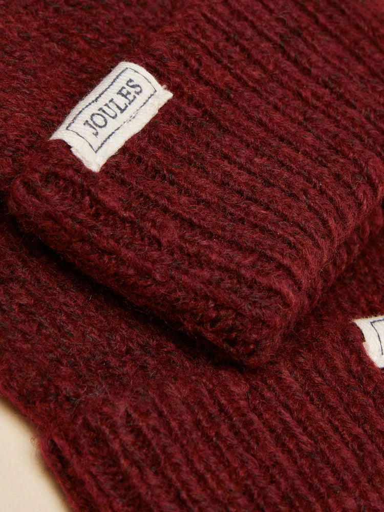 JOULES Rosa Glove: Berry Red Knitted Winter Gloves with Brand Label