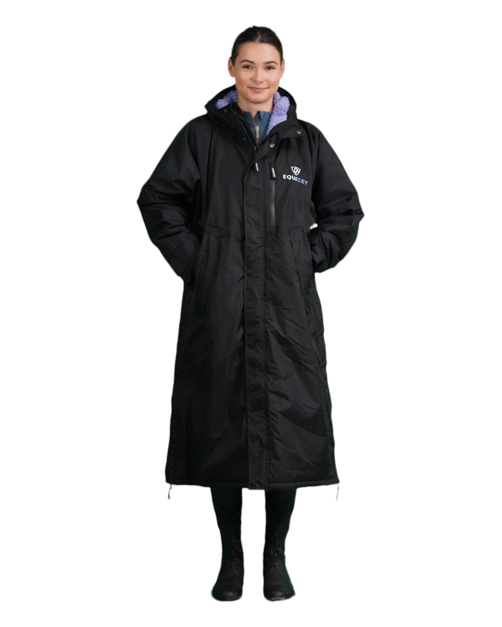 EQUIDRY women's long waterproof horse riding coat in Black/Lilac front full view studio