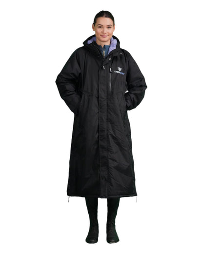 EQUIDRY women's long waterproof horse riding coat in Black/Lilac front full view studio