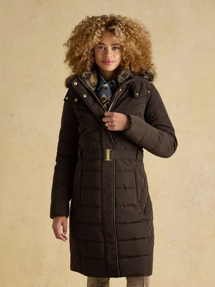Joules Aspen Brown Showerproof Longline Padded Coat with Faux Fur Hood