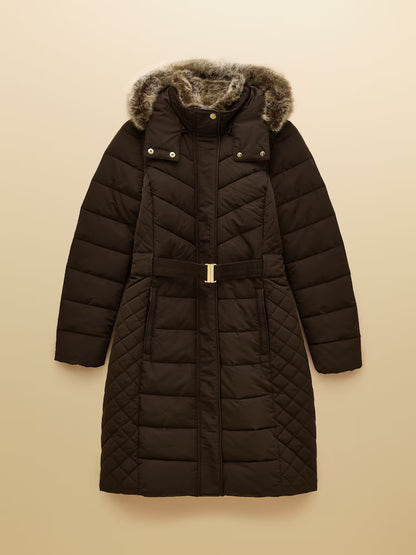 Joules Aspen Brown Showerproof Longline Padded Coat with Faux Fur Hood