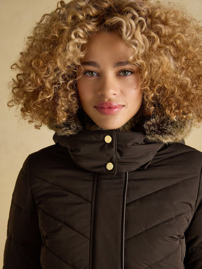 Joules Aspen Brown Showerproof Longline Padded Coat with Faux Fur Hood