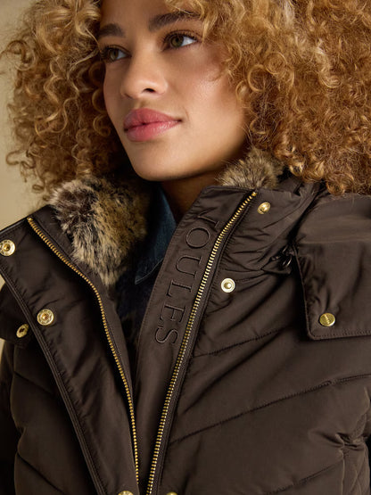 Joules Aspen Brown Showerproof Longline Padded Coat with Faux Fur Hood