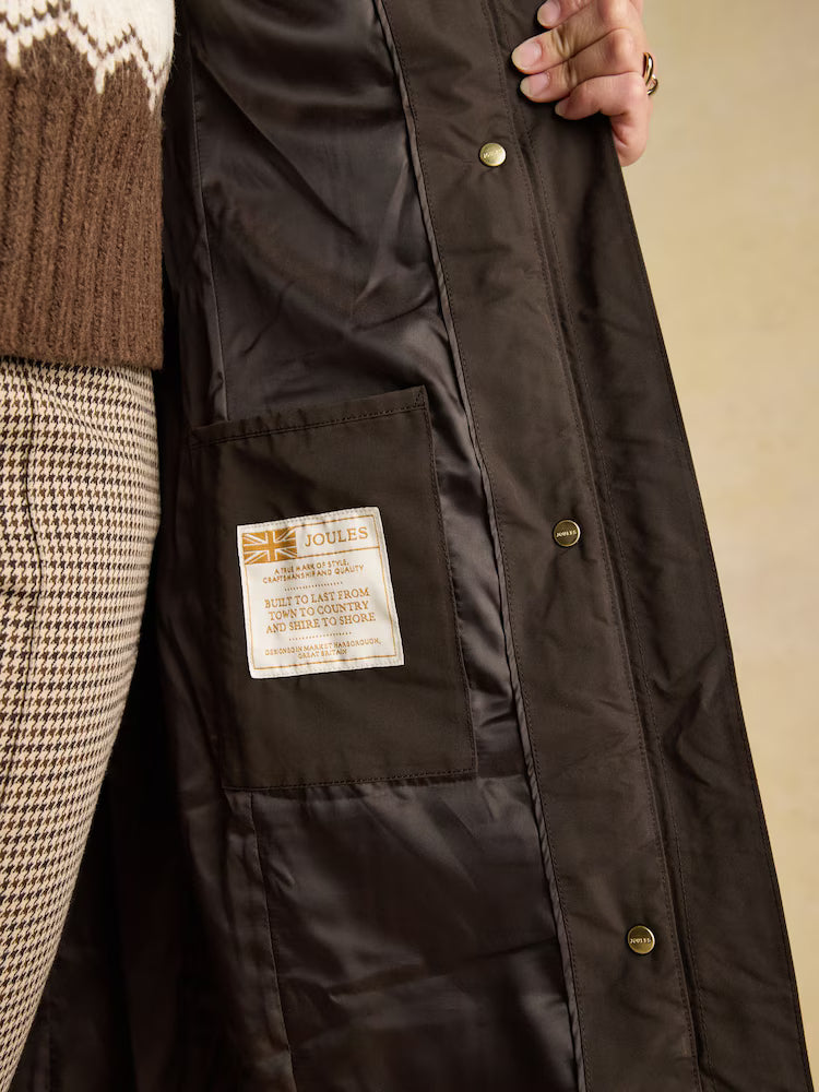 Joules Aspen Brown Showerproof Longline Padded Coat with Faux Fur Hood