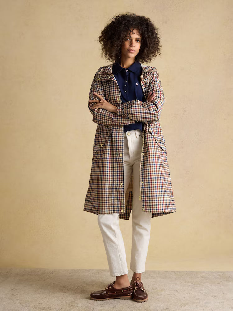 Joules Holkham Gingham Waterproof Packable Raincoat with Hood - Woman Wearing Fashionable Outdoor Coat
