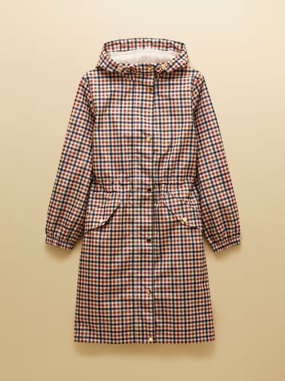 JOULES Holkham Gingham Waterproof Packable Raincoat with Hood - Women's Outerwear. Stylish checked raincoat.