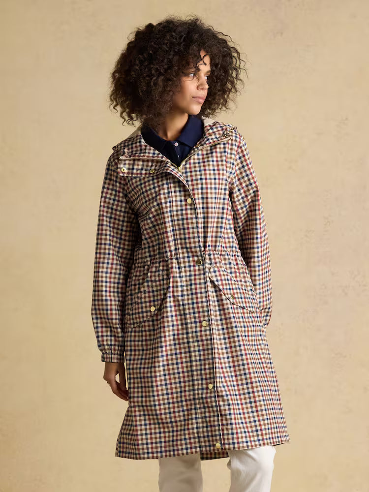 JOULES Holkham Gingham Waterproof Packable Raincoat with Hood - Stylish & Functional Outerwear, Equiflair