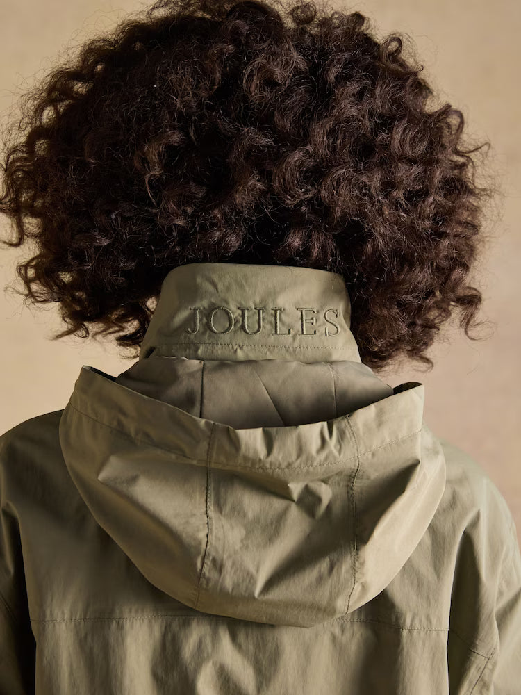 JOULES HOVE Khaki Green Waterproof Windbreaker Jacket: Women's Rain Coat with Hood, Taped Seams & Embroidered Detail