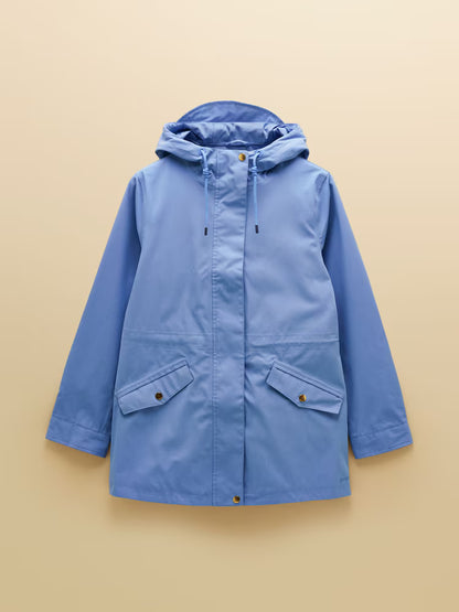 Joules Portwell blue hooded waterproof raincoat for women - stylish, practical all-weather protection.