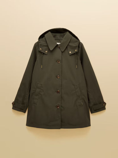 JOULES RAINMORE Khaki Green Waterproof Button-Through Raincoat with Hood & Pockets - Stylish Women's Outerwear by Equiflair