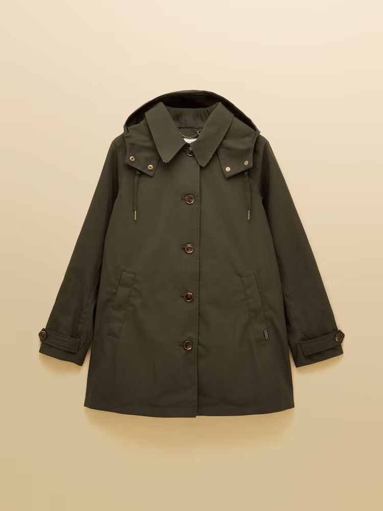 JOULES RAINMORE Khaki Green Waterproof Button-Through Raincoat with Hood & Pockets - Stylish Women's Outerwear by Equiflair