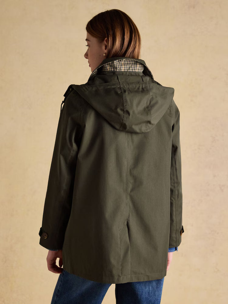 JOULES Rainmore Khaki Green Waterproof Raincoat by Equiflair: Button-Through Style, Hooded