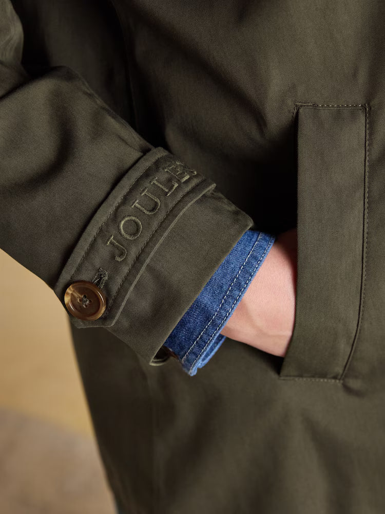 Joules Khaki Green Waterproof Raincoat Detail: Sleeve Cuff, Pocket, Denim Shirt