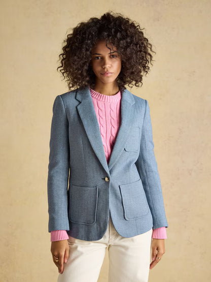 Joules Albury Blue Herringbone Jersey Tweed Blazer