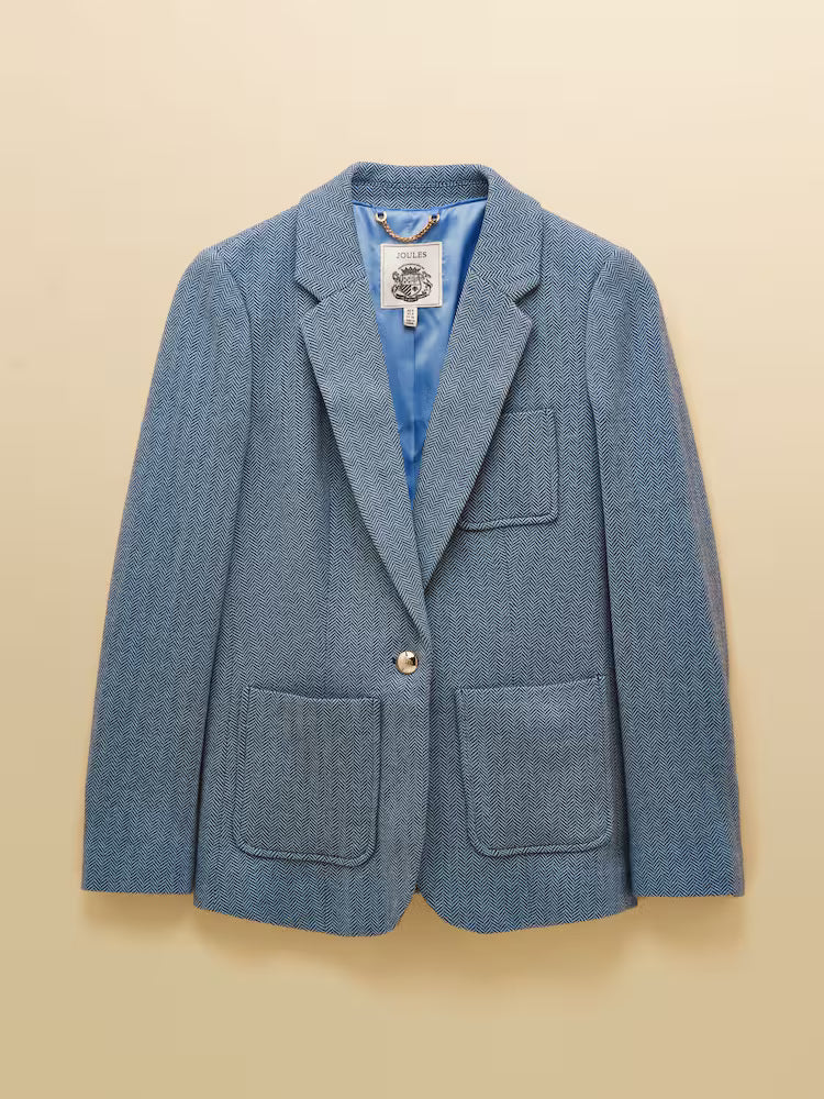 Joules Albury Blue Herringbone Jersey Tweed Blazer