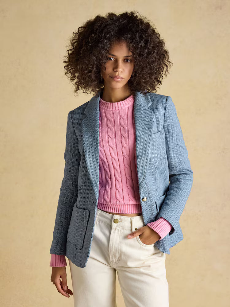 Joules Albury Blue Herringbone Jersey Tweed Blazer