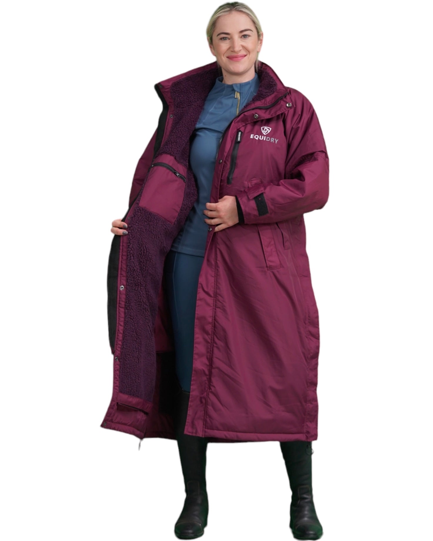 EQUIDRY Evolution Pro women's Warm Waterproof Horse Riding Coat Thick Fleece Lining Stowaway Hood in Plum inner lining  