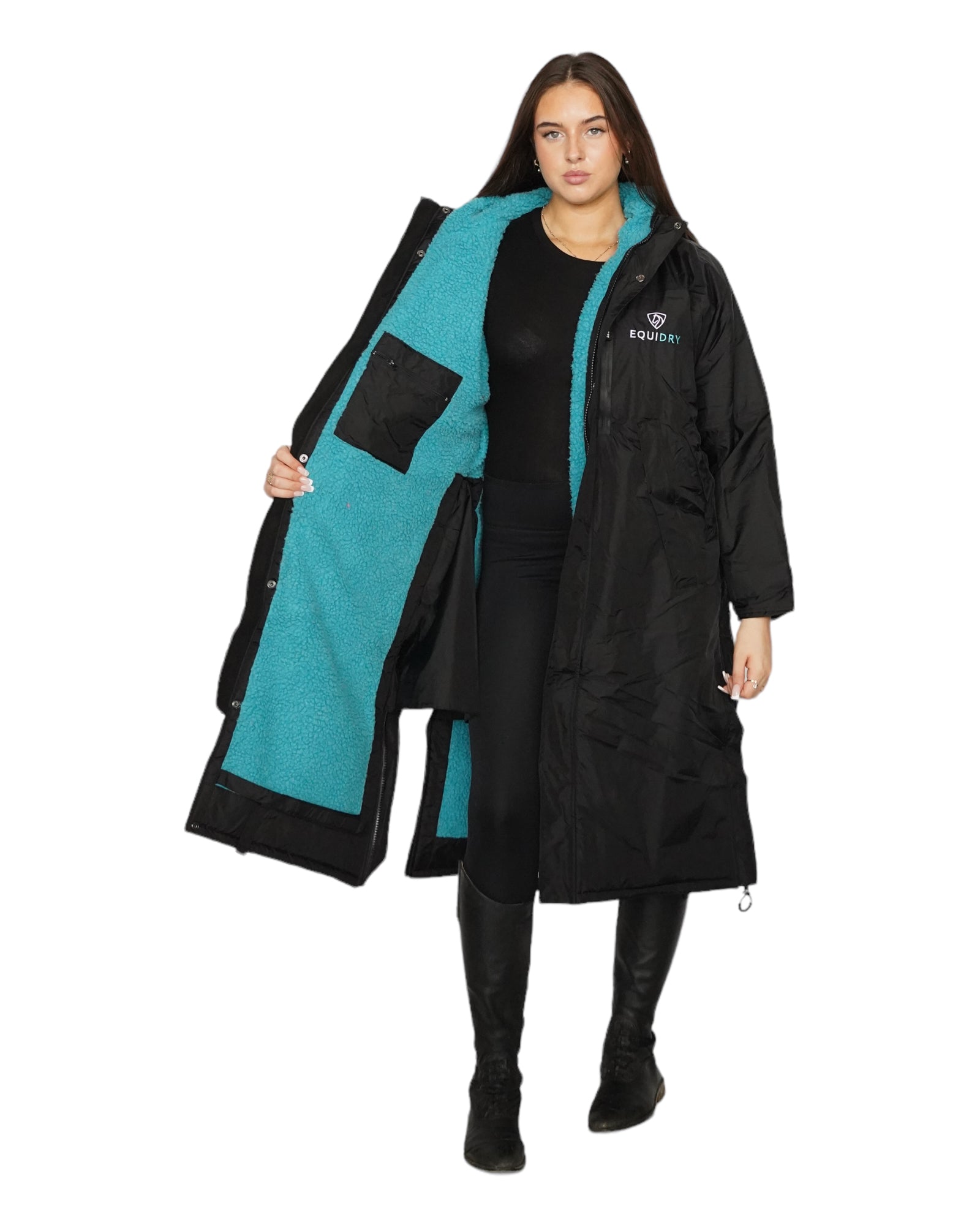 Equidry Women's Long Waterproof Horse Riding Coat - Black & Turquoise Fleece Lined Equestrian Rain Coat
