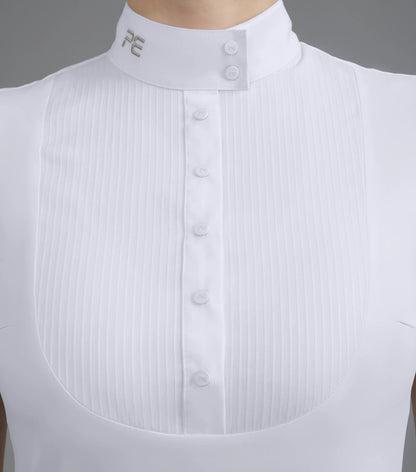 Premier Equine Famosa White Equestrian Competition Shirt. Ladies High Collar Shirt with textured Poplin Bib from Equiflair.