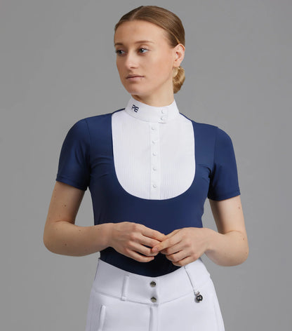 Premier Equine Famosa Navy Equestrian Competition Shirt: Short Sleeve, White Bib, PE Branding, Stylish Ladies Riding Apparel