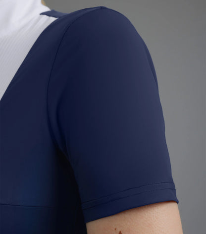 PREMIER EQUINE Navy Competition Shirt: Ladies' short sleeve riding shirt for equestrian sports. Stylish, breathable, moisture-wicking fabric