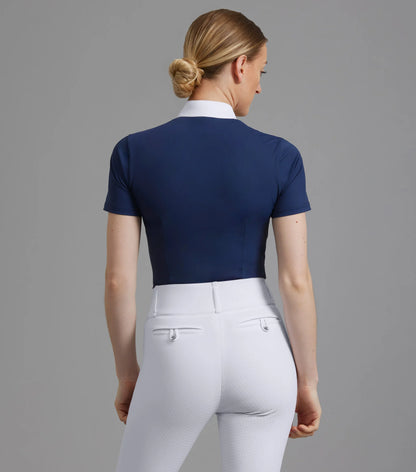 Premier Equine Famosa Navy Equestrian Competition Shirt. Ladies Short Sleeve Horse Riding Apparel at Equiflair. Tailored Fit, White Collar.