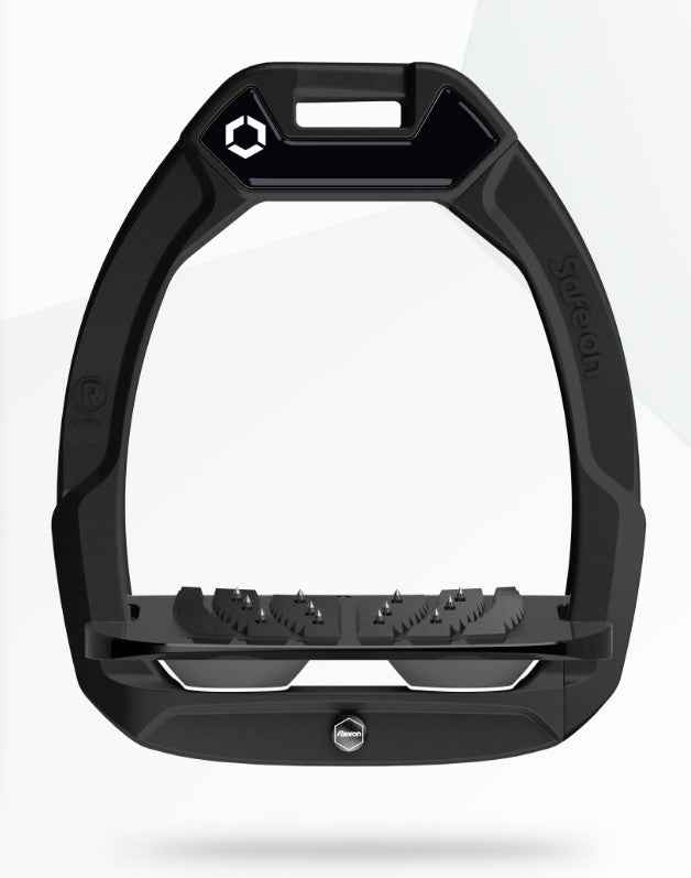 Flex-On Safe-On Inclined Ultra Grip Stirrups - Black. Enhanced rider safety and comfort with shock absorption.