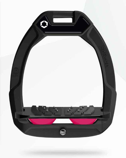 Flex-On Safe-On Equestrian Stirrups: Black/Fuchsia, Inclined Ultra Grip, Safety Release