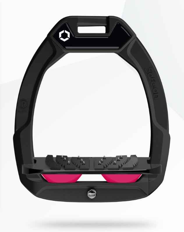 Flex-On Safe-On Equestrian Stirrups: Black/Fuchsia, Inclined Ultra Grip, Safety Release