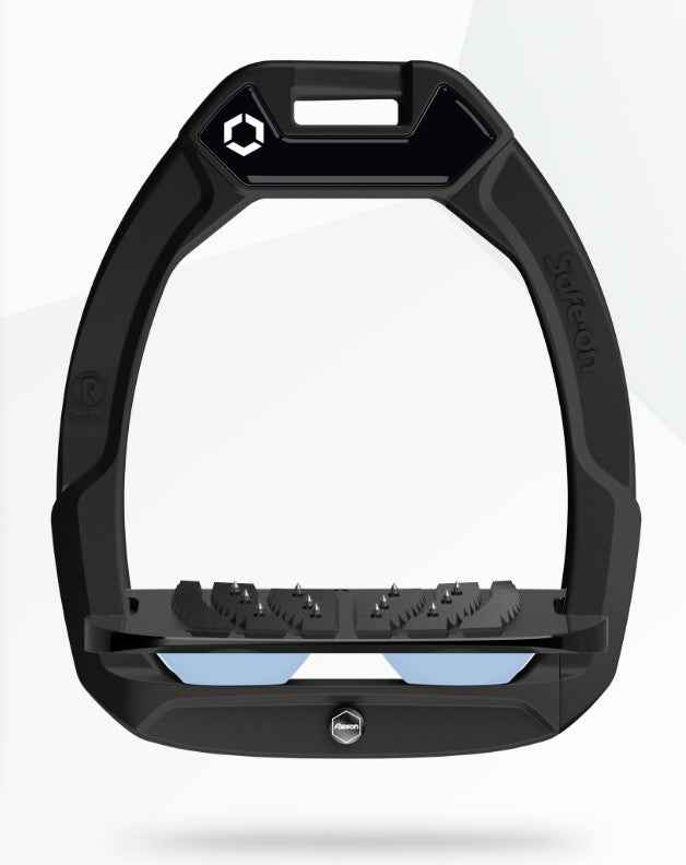 Flex-On Safe-On Stirrups: Black Equestrian Safety Stirrups with Inclined Ultra Grip for Performance