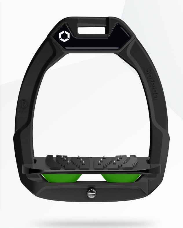 Flex-On Safe-On Stirrups: Equestrian Safety & Ultra Grip in Black/Black/Green