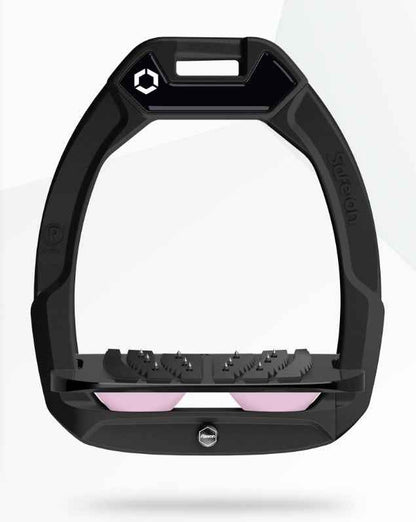 Flex-On Safe-On Inclined Ultra Grip Stirrups - Black frame, black footbed, light pink elastomers. Equestrian safety.