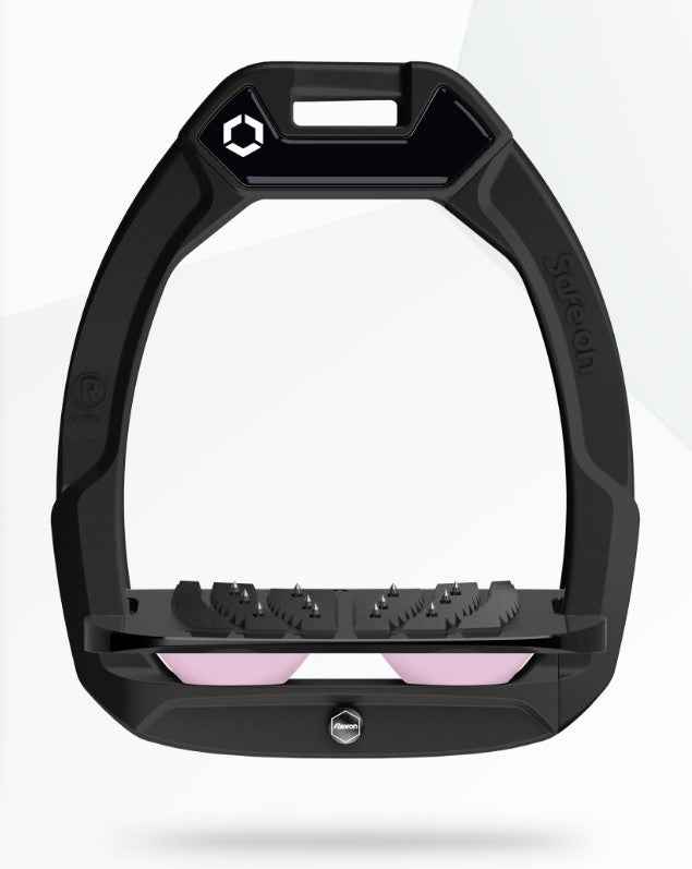 Flex-On Safe-On Inclined Ultra Grip Stirrups - Black frame, black footbed, light pink elastomers. Equestrian safety.