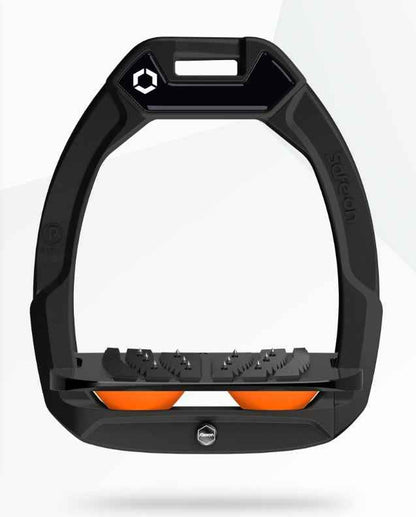 Flex-On Safe-On Stirrups Black/Black/Orange: Equestrian safety stirrups with ultra grip and shock absorption.
