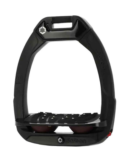 Flex-On Safe-On stirrups: Black/Black/Plum, inclined ultra grip, shock absorbing safety stirrups for riders.