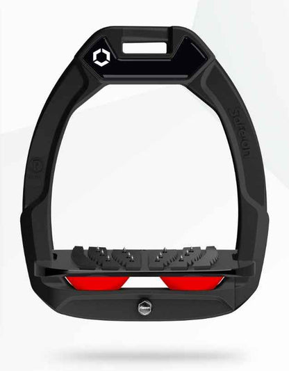 Flex-On Safe-On Inclined Ultra Grip Stirrups: Black/Black/Red - Equestrian Safety Stirrups