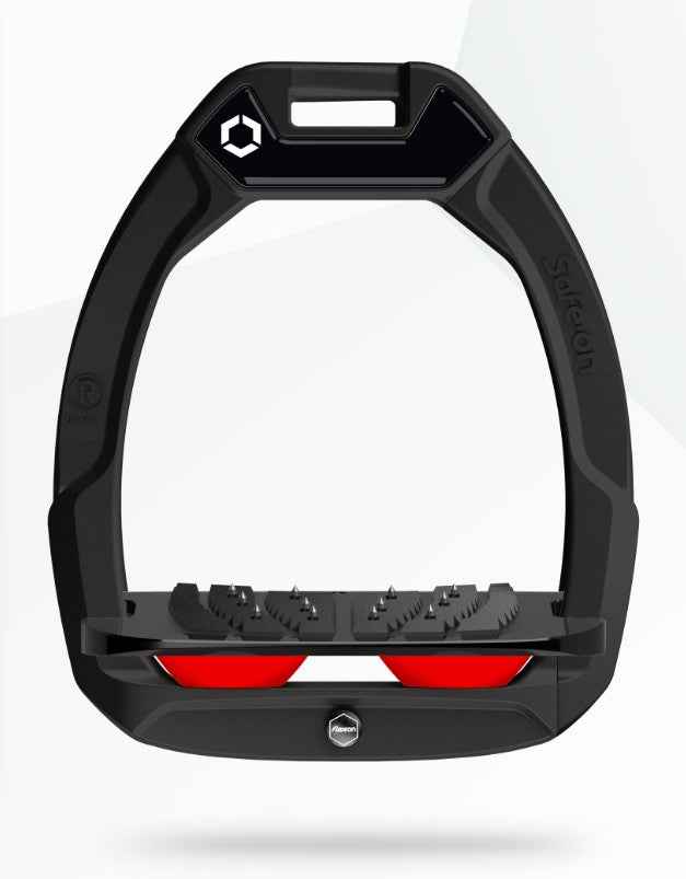 Flex-On Safe-On Inclined Ultra Grip Stirrups: Black/Black/Red - Equestrian Safety Stirrups