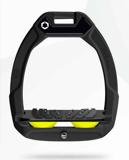 Flex-On Safe-On Inclined Ultra Grip Stirrups: Black/Yellow, Equestrian Safety Release Stirrups