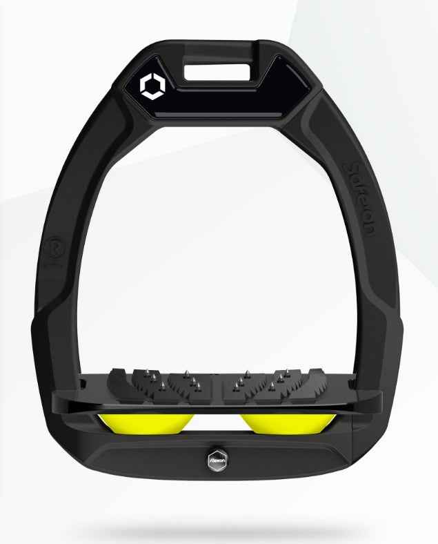 Flex-On Safe-On Inclined Ultra Grip Stirrups: Black/Yellow, Equestrian Safety Release Stirrups
