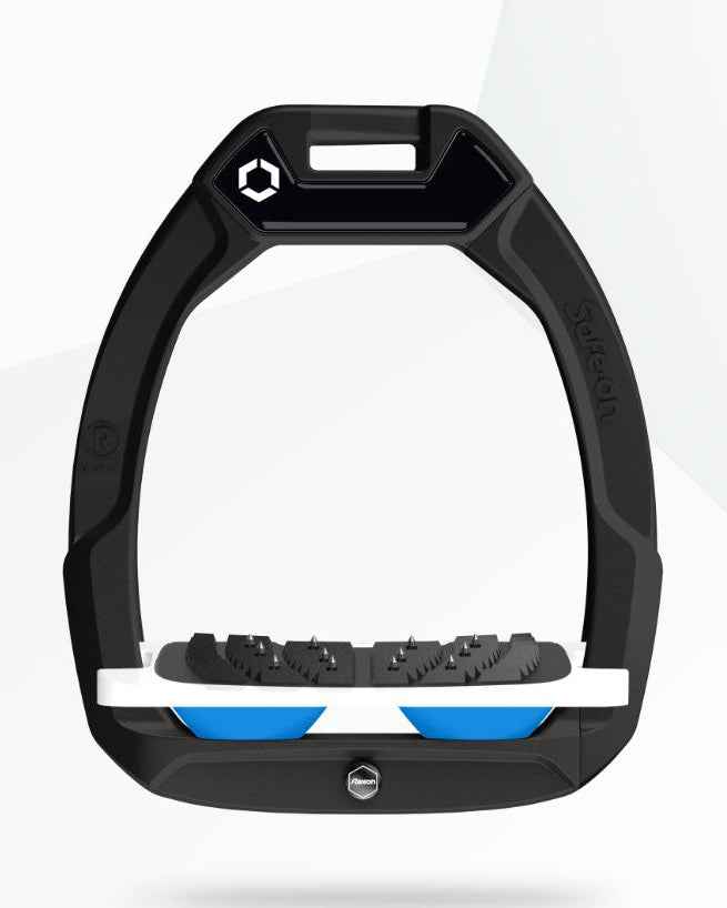 Flex-On Safe-On Inclined Ultra Grip Stirrups Black/White/Light Blue - Safety Equestrian Horse Riding Gear