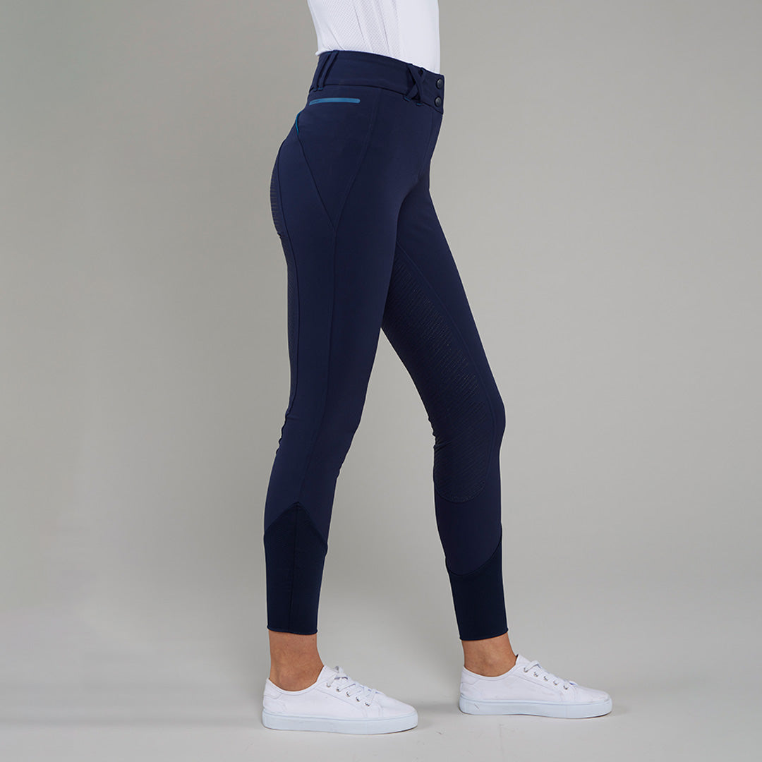 Navy women's TOGGI FLEXI breeches with full silicone seat grip, side phone pocket