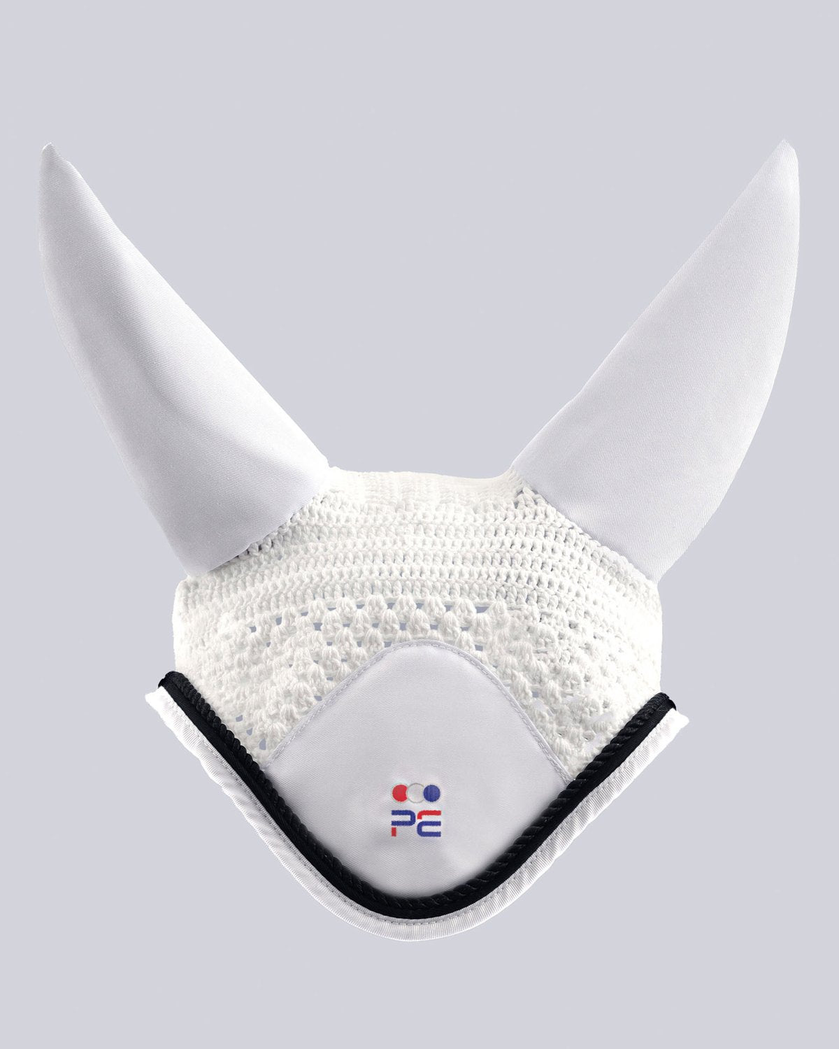PREMIER EQUINE Fly Veil - White Horse Ear Bonnet. Crochet, insect protection, equestrian.