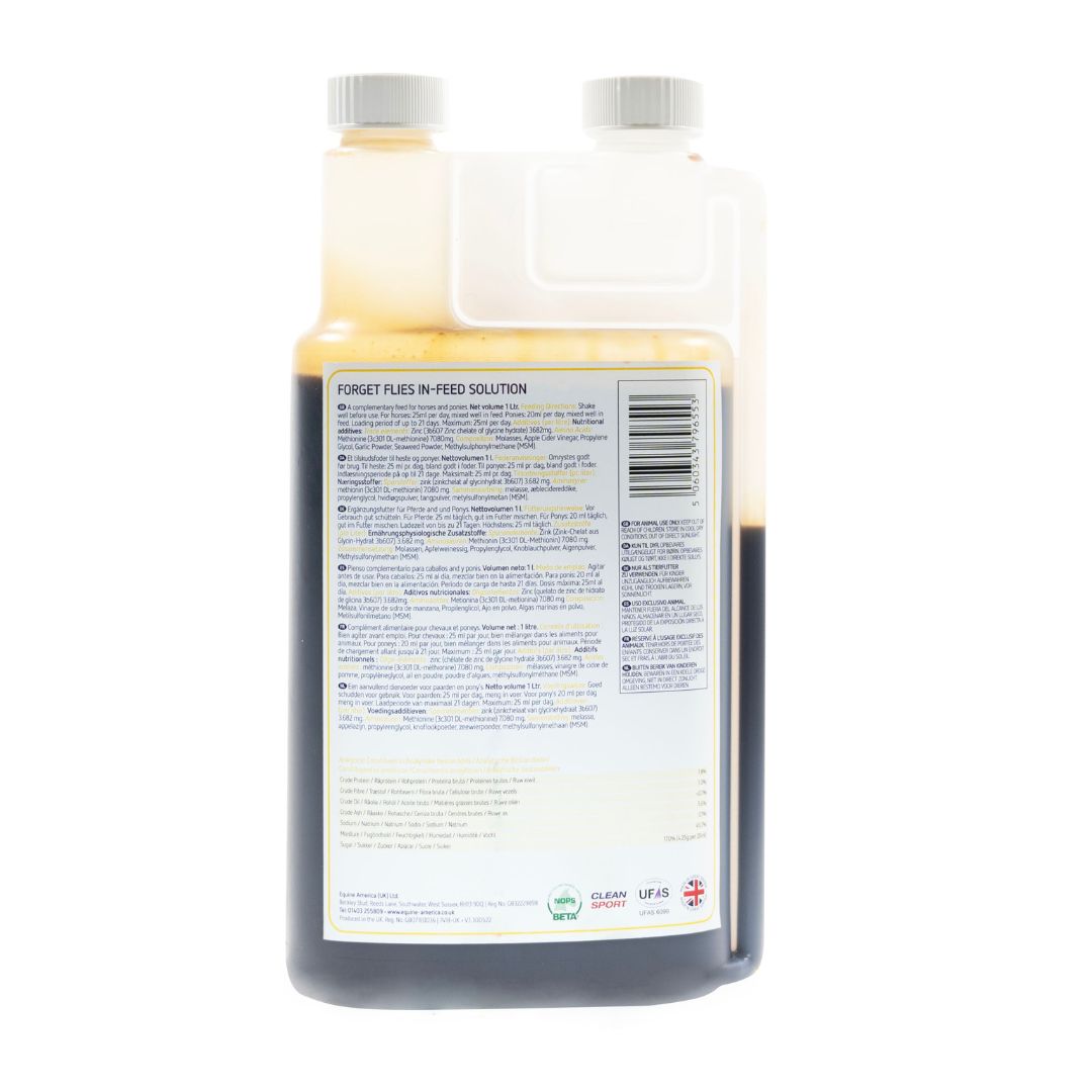 Equine America Forget Flies In-Feed Solution 1L: Natural Horse Fly Repellent Supplement
