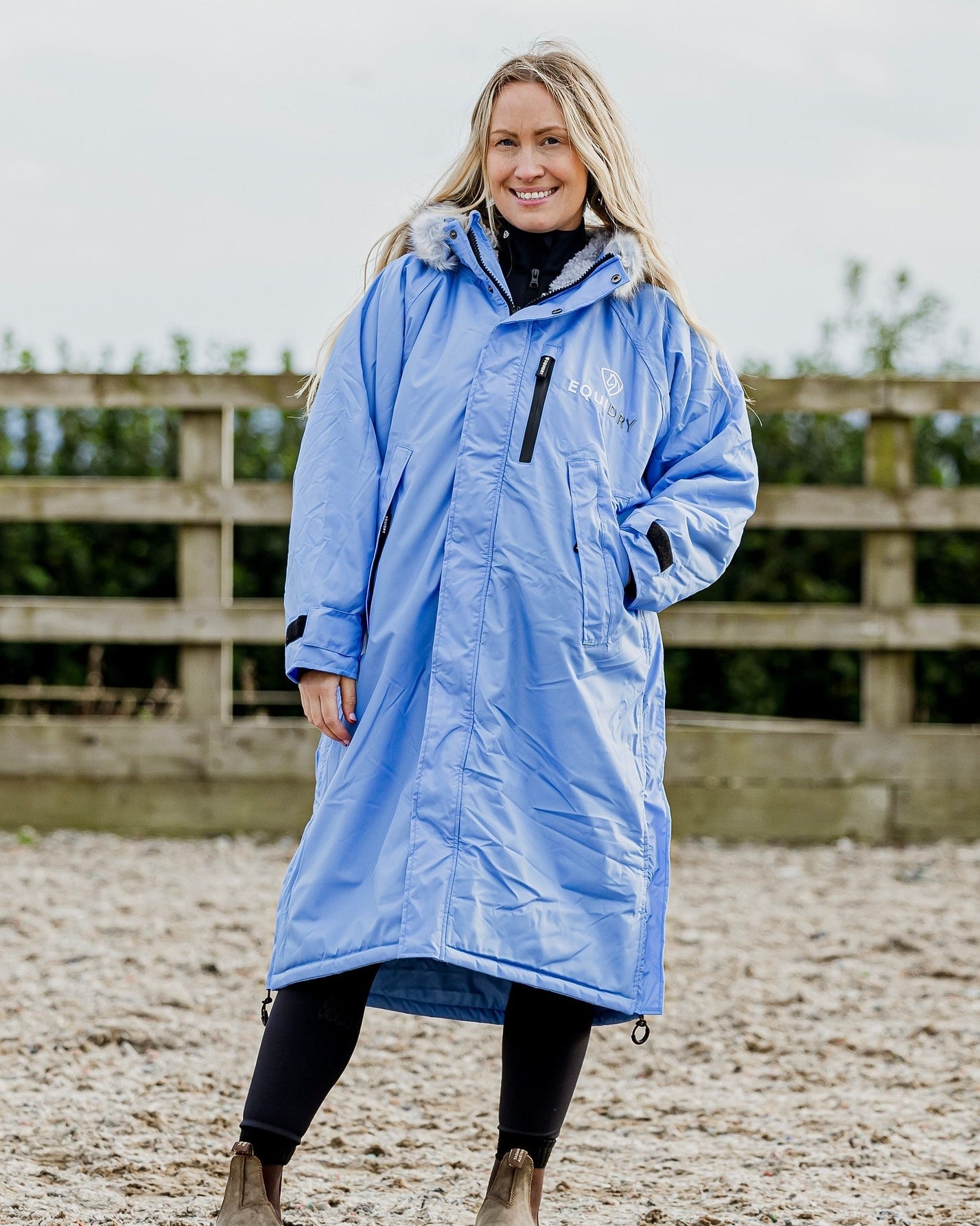 Equidry Evolution Sky Blue Women's Waterproof Horse Riding Coat: Fleece Lined, Fur Trim Hood, Full Length, Front View