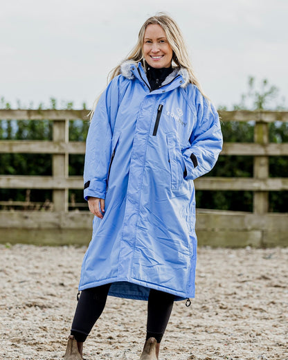 Equidry Evolution Sky Blue Women's Waterproof Horse Riding Coat: Fleece Lined, Fur Trim Hood, Full Length, Front View